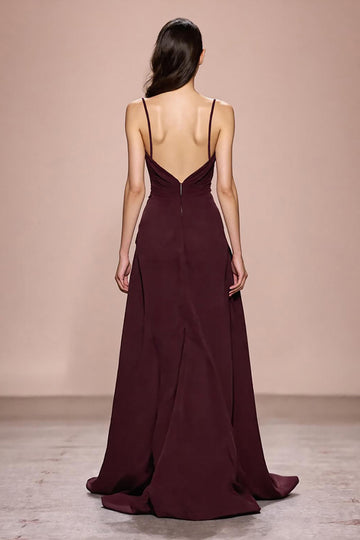 Robe de soirée longue à bretelles spaghetti froncées rouge foncé